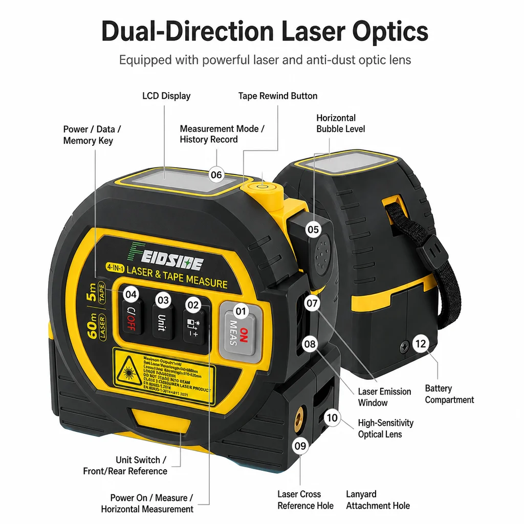FEIDSIDE Digital Laser Tape Measure 4 in 1 60M Laser Rangefinder 5M Steel Tape Cross Line Laser Distance Area Volume Measurement