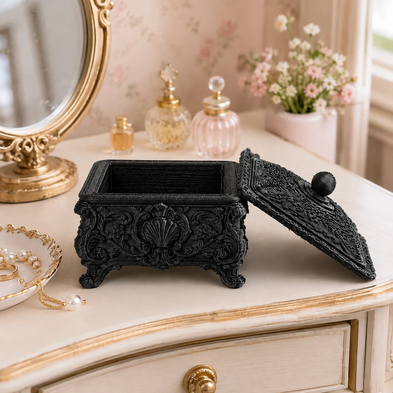 Mini relief storage box, miniature jewelry box with lid, doll house scene decorative item,collection for micro model enthusiasts