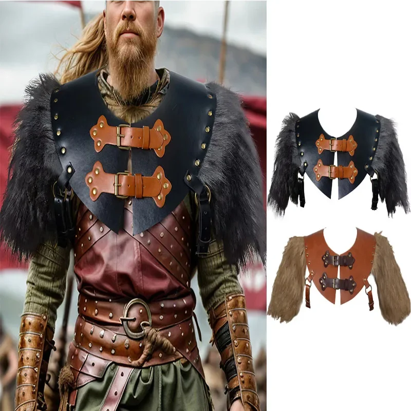 

Medieval Retro Cape Leather Faux Fur Stitching Warrior Back Armor Role Play Costume Accessories Props
