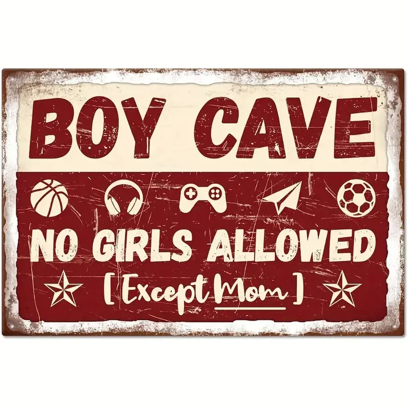 Retro Boy Cave No Girls Allowed Except Mom Metal Sign 12x8 Inch, 2D Flat Vintage Wall Decor for Game Room Man Cave Home Bar, Pre