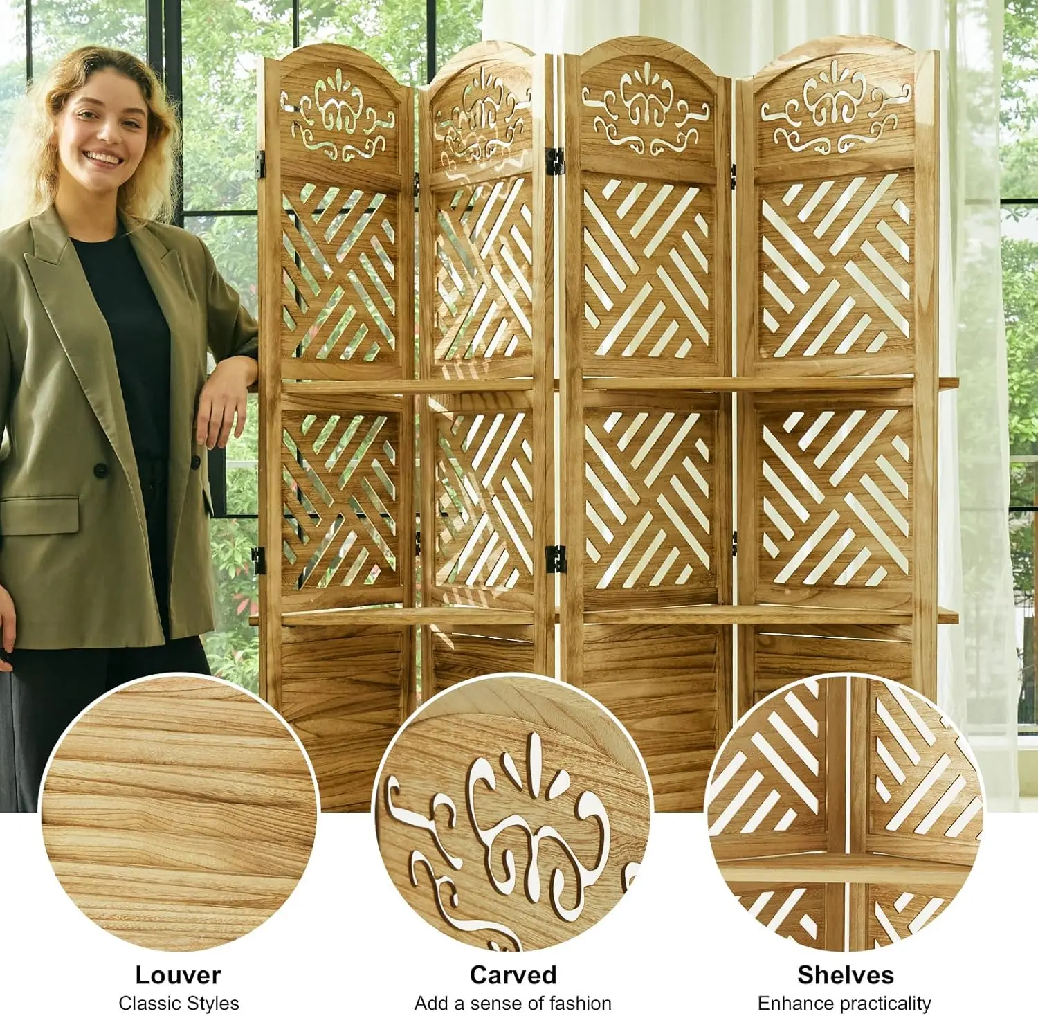 مقسم غرفة مع أرفف، مقسم حائط منحوت وخشب 68.9 بوصة قائم بذاته، 4 ألواح شاشة تقسيم قابلة للطي #4