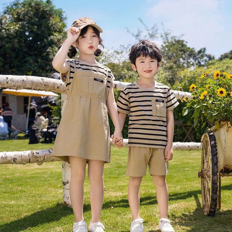 Matching Brother and Sister Clothes Fashion Korean Style Baby Girls One Piece Dress Child Boys T Shirts + Shorts Two Piece Sets