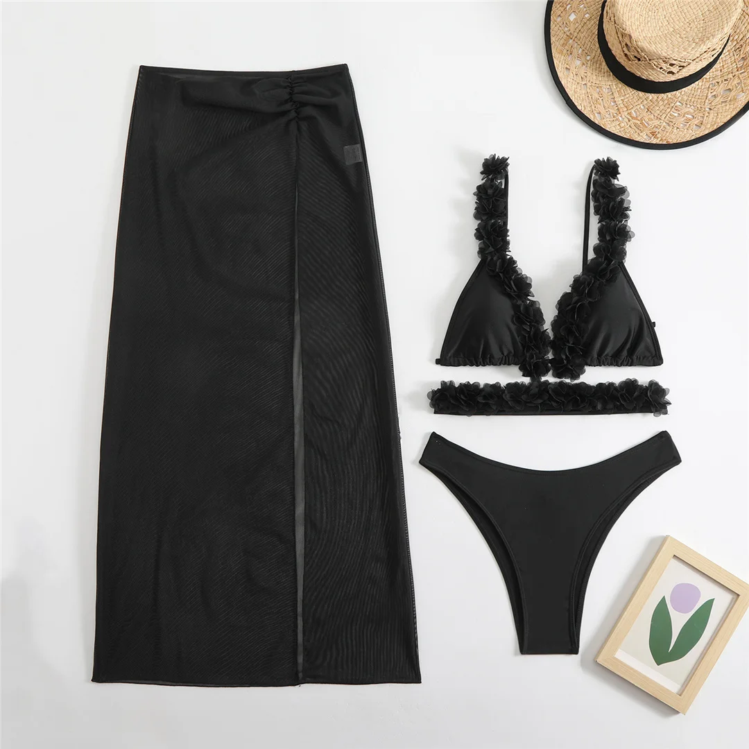 Mit Rock, 3D-Blumen, V-Ausschnitt, Bikini, Damen-Badebekleidung, dreiteiliges Bikini-Set, Damen-Badeanzug, gepolsterter Badeanzug, Badebekleidung, V6505. – Detail 15
