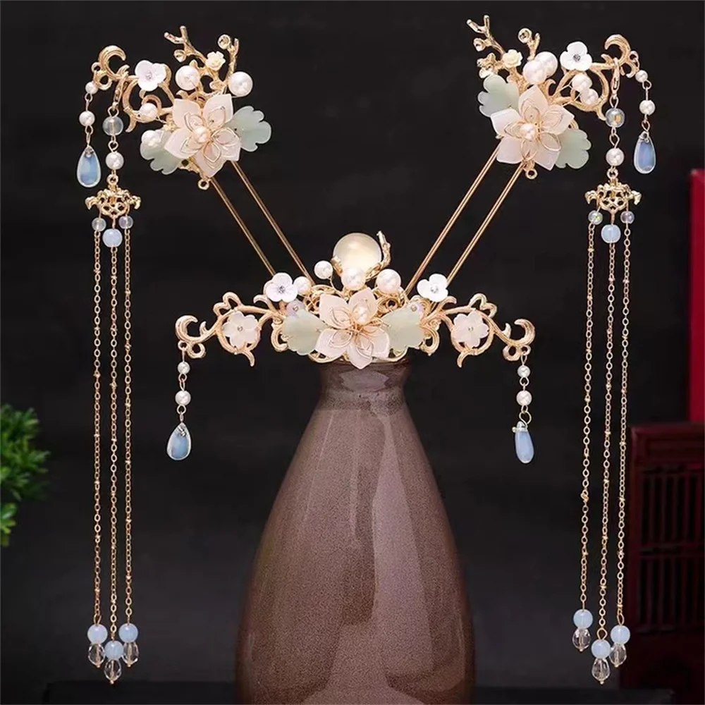Chinese Long Hair Stick Tiara Headpiece Women Hair Accessories Flower Crystal Pearl Hair Pins Handmade Hanfu Hair Jewelry Set