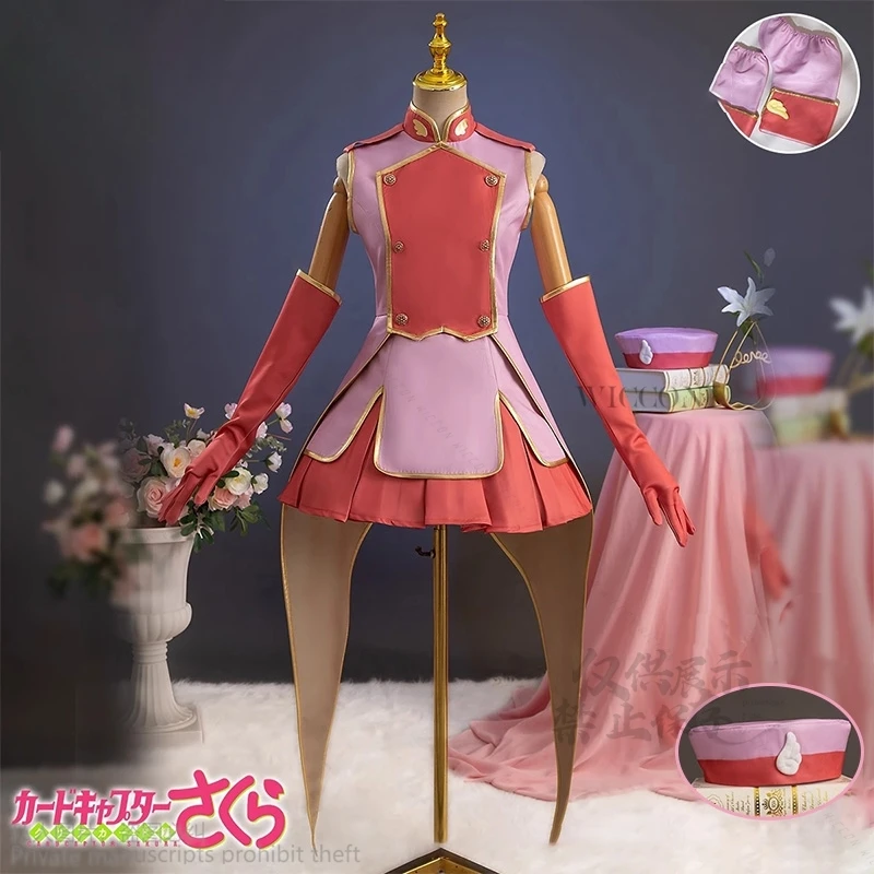 Anime Carcaptor Sakura Game Lolita Rollenspel Womens Sakura Kinomoto Cosplay Kostuum Pruiken Hoed Bestrijdt Uniform Schort Meisjes Jurk