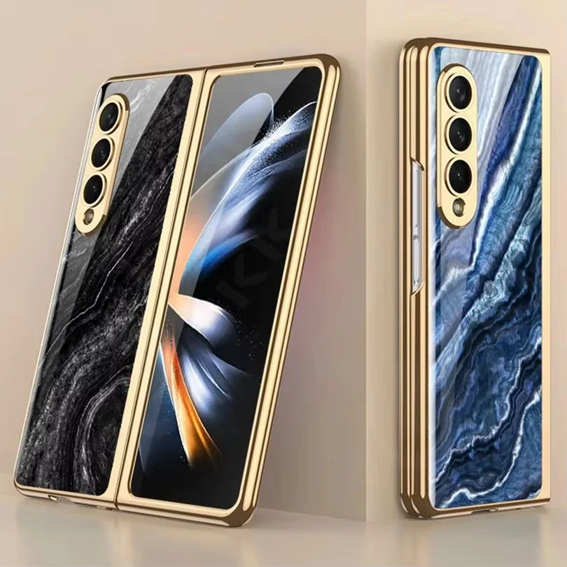 Luxury Plating Frame Case For Samsung Galaxy Z Fold 6 5 5G Painted Pattern Tempered Glass Hard Cover For Galaxy Z Fold 5 4 Case