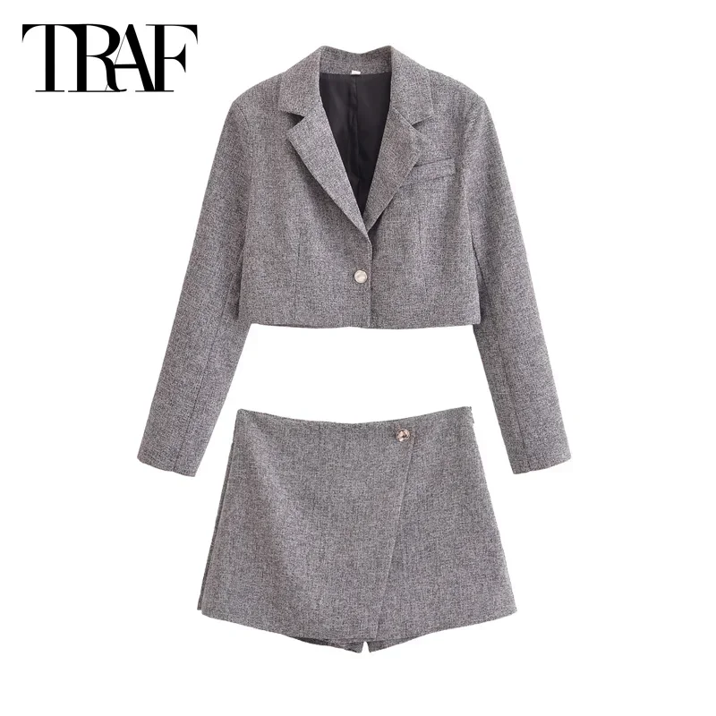 TRAF Autumn Outfit 2024 Skirts Set For Women 2 Pieces Cropped Blazer Outerwears High Waist Skirt Pants Elegant Lady Shorts Set