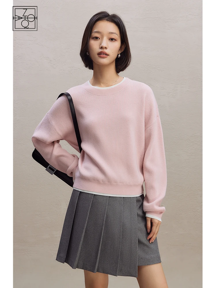 ZIQIAO Design Sense Fake Two-piece Round Neck Sweater for Women 2023 Autumn Winter New Casual Cozy Style Pullover Sweater Female