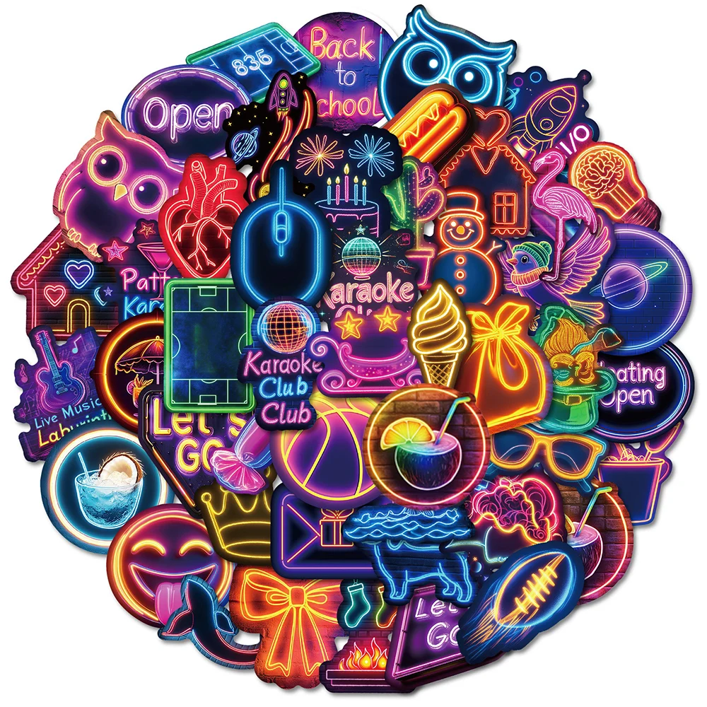 10/30/50pcs Neon Light Cartoon Stickers Mixed Cool Waterproof Decals DIY Journal Notebook Luggage Aesthetic Graffiti Sticker Toy