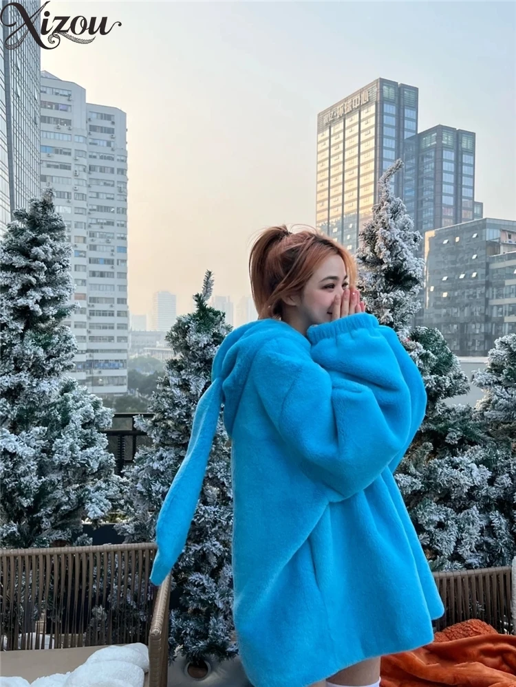 Rabbit Ear Plush Thick Jackets Cute Hooded Mid-Length Jacket Women's Faux Fur Coat  Winter Clothes Women 2025 Fashion Coats