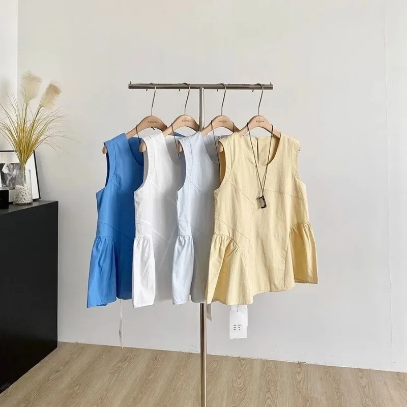 韓国風スレドール風トップス レディース ゆったりスウェットベスト 夏新作 ラウンドネック 無地 通勤 スタイリッシュ