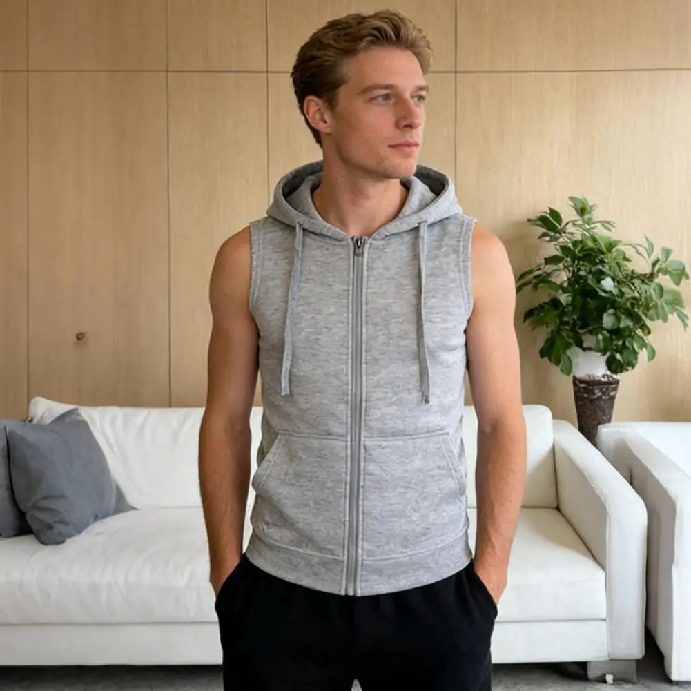 

Men Vest Zipper Opening Lightweight Hooded Vest with Large Pockets Pure Color Summer Running Tops Casual Sportswear