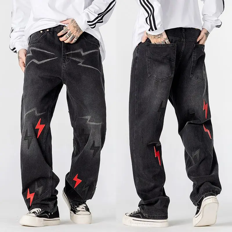 Lightning Leopard Print Patchwork Denim Jeans for Men, Straight Fit, Washed, High-End Versatile High Street Fashion Design, Retro Autumn Long Pants