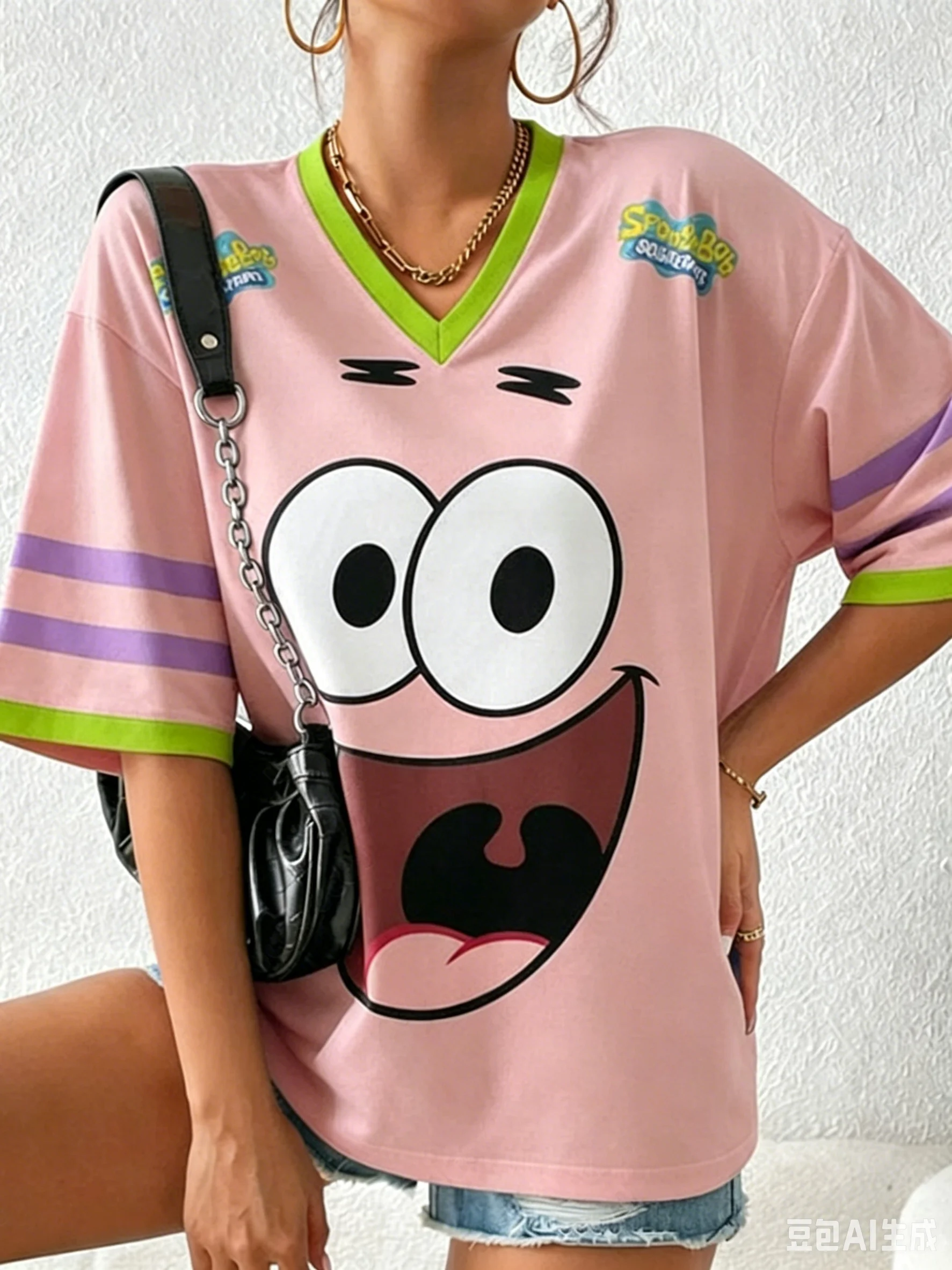 Trendiges SpongeBob Schwammkopf bedrucktes T-Shirt für Herren, Damen und Kinder, Eltern-Kind-Sommer-V-Ausschnitt Sport-Streetwear Y2K Top