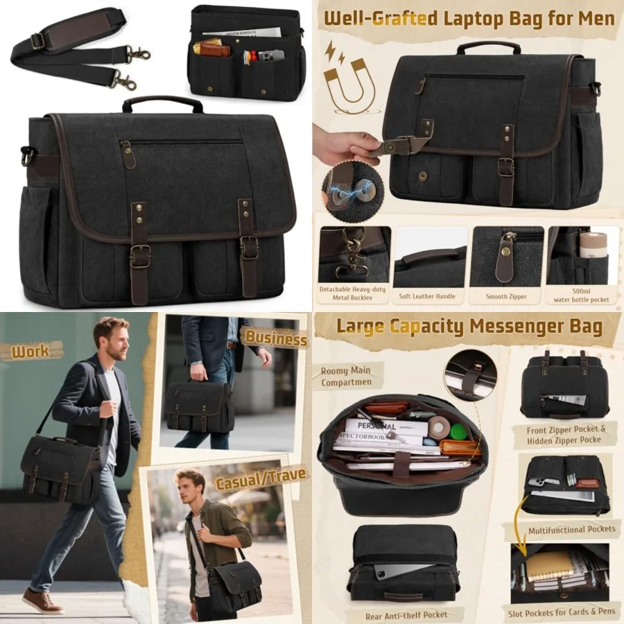 

RAINSMORE Mens Messenger Bag 17-17.3 Inch Vintage Canvas Briefcase Water-resistant Large Computer Laptop Bag Rugged Satchel Sho