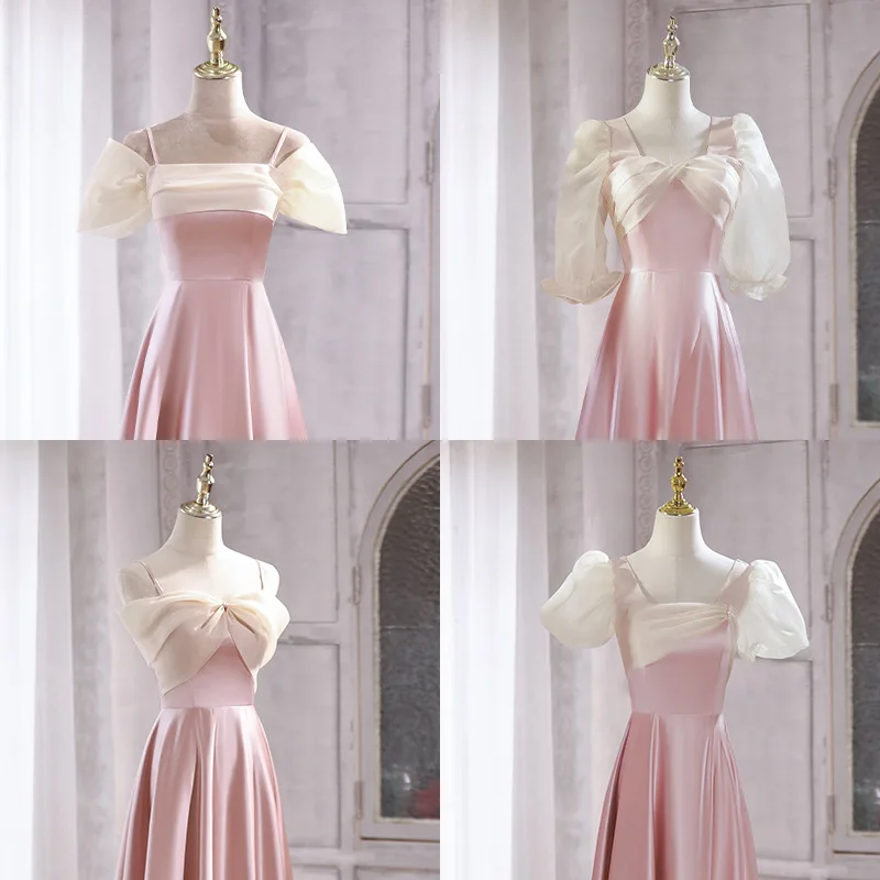 Pink Satin Bridesmaid Dress Sweet Bow Square Collar Wedding Female Guest Dresses 4 Styles Long A-Line Prom Party Vestido