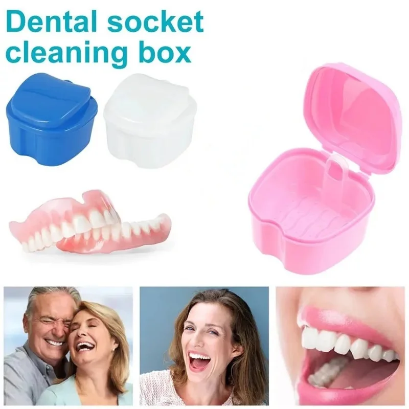 Denture Bath Box Organizer Dental False Teeth Storage Tool with Hanging Net Container Cleaning Teeth Cases Artificial Tooth Box