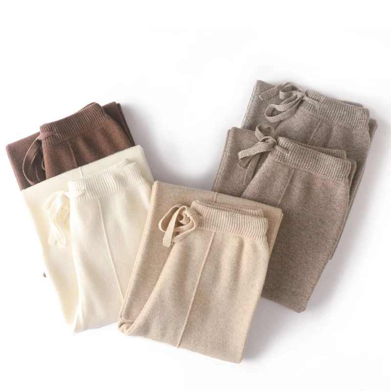 

Women 100% Merino Wool Wide Leg Pants Autumn Winter Basic Soft Warm Pure Wool Knit Casual Simple Style Solid Knitted Trousers