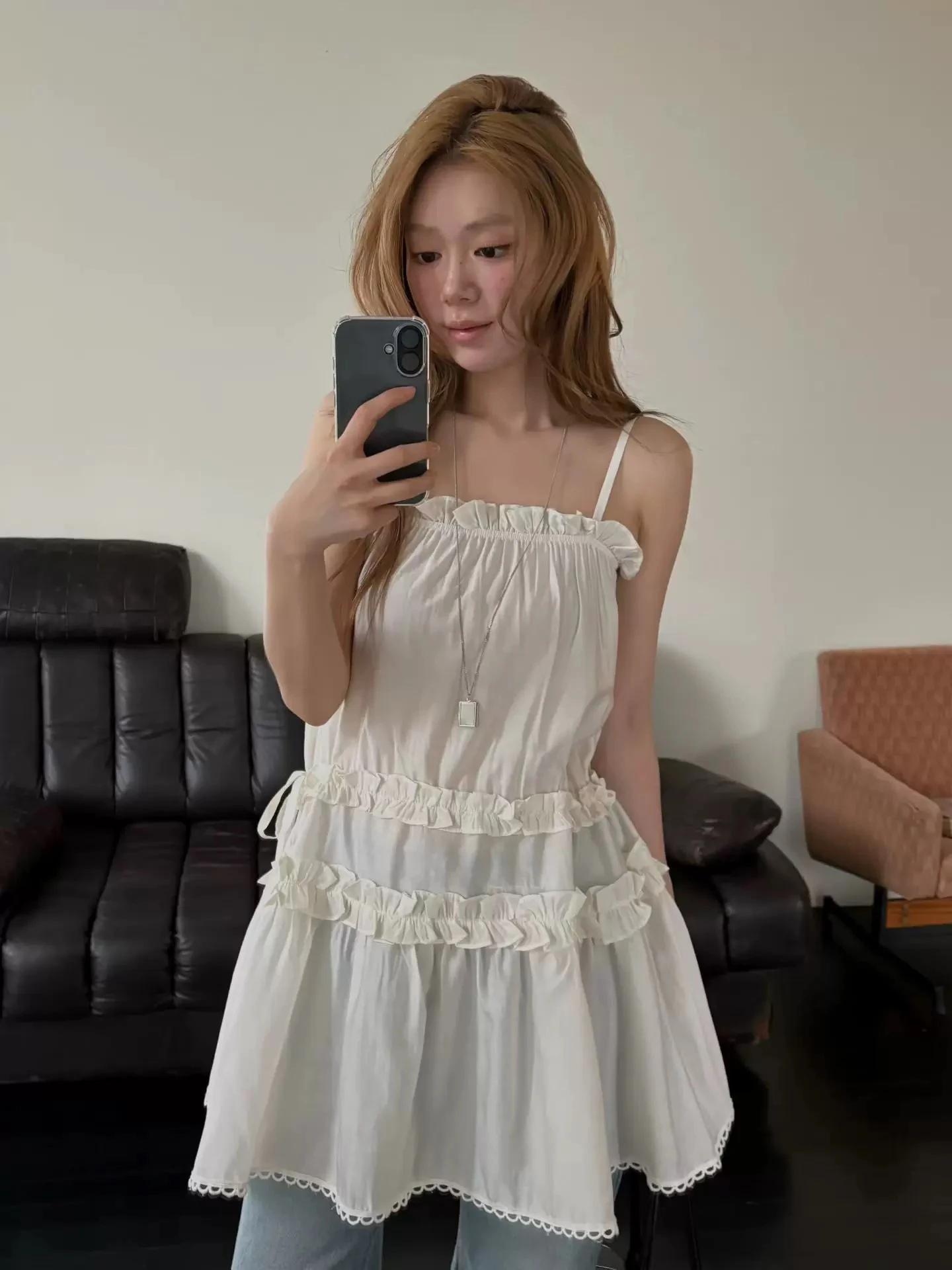 

Sweet Ruffle Trim Halter Dress Summer Casual Style Sleeveless A-Line Dress Layering Friendly Lightweight Loose Fit