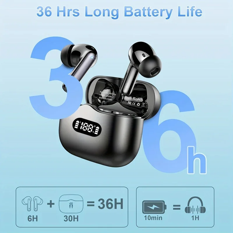 UYUXIO Wireless Earphone 40dB Noise Cancelling Bluetooth 5.3 Headphone ENC with LED Display HD TWS Earbuds Transparency Mode