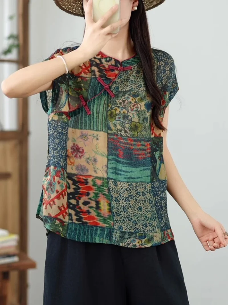 

Retro Art Stand Up Collar Diagonal Collar Pan Button Chinese Style Printed Shirt for Women 2025 Summer Cotton And Hemp Top w006