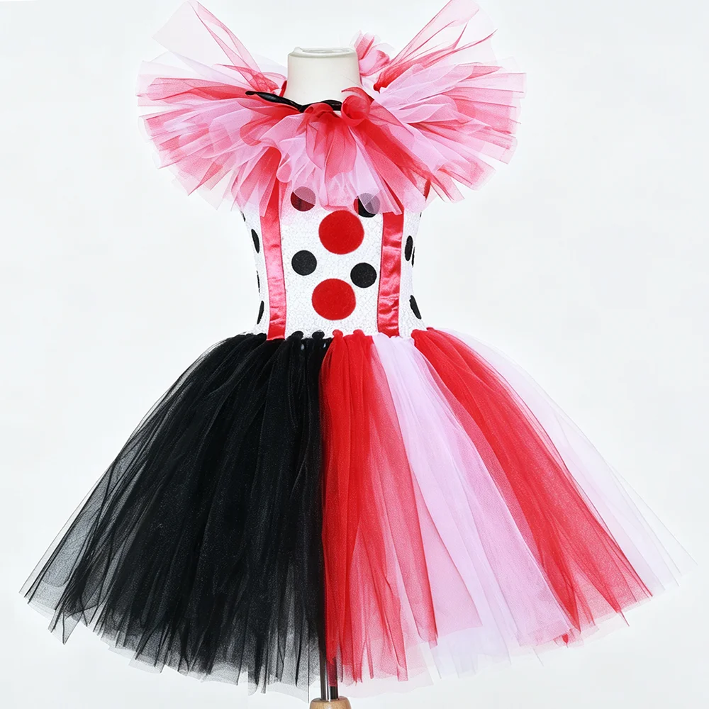 Halloween Party Carnival Circus Clown Performer Themed Tutu Dress With Red Hat Hairpin Nose Accessories Outfit For Kid Role Play