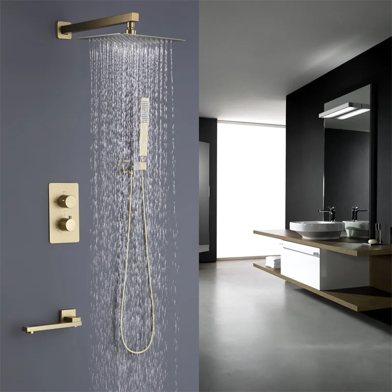 

Luxury Shower Mixer Set Bathroom Dual Handle 3 Functions Concealed Shower Faucet Set Brushed Gold Brass Rain Shower System