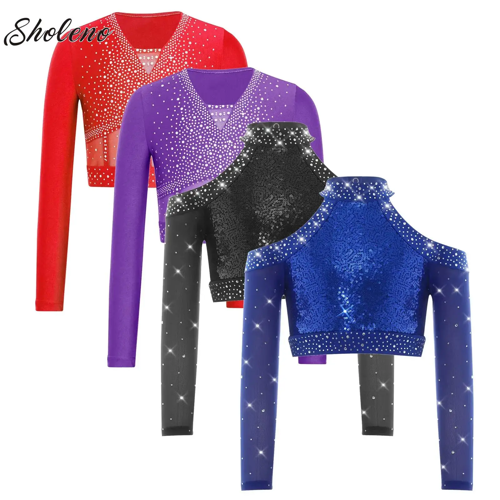 

Kids Girls Gymnastics Practice Tops BalleDance Performance Costume Halter Hollow Out Long Sleeve Sequins Crop Top for Stage Show