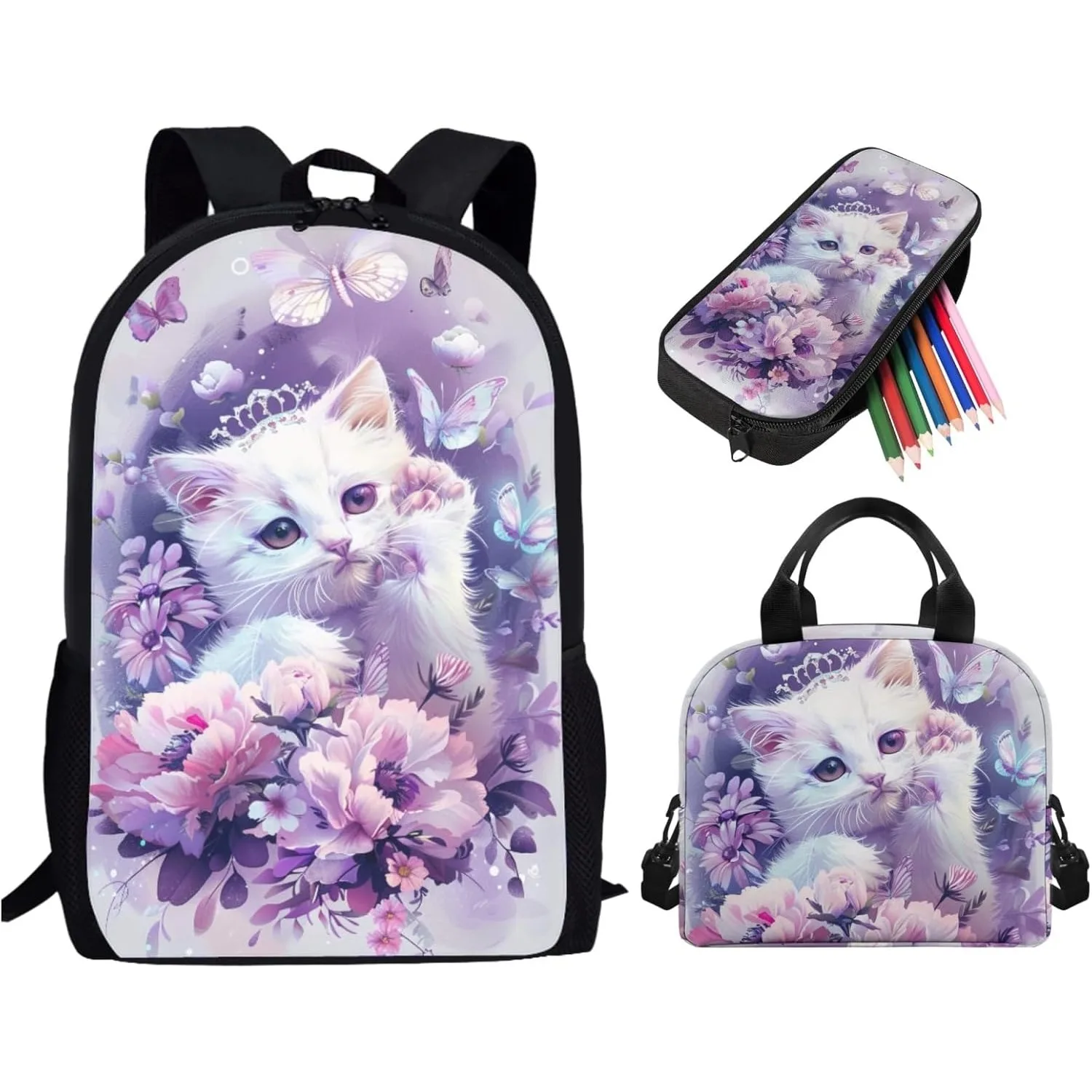 Cat School Bookbag for Girls 3PCS Lightweight Kids Book Bag with Lunch Box Cute Pencil Case Large Girls Backpack 17inch