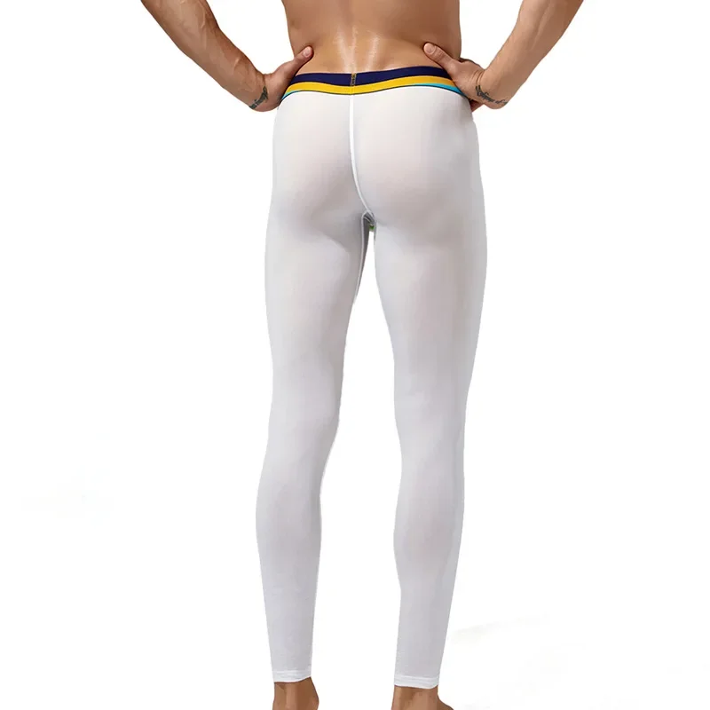Men's Thermal Underwear Bottoms Spring Autumn Mens Leggings Ultra-thin Trousers White Blue Long Johns Sexy Men Sleepwear