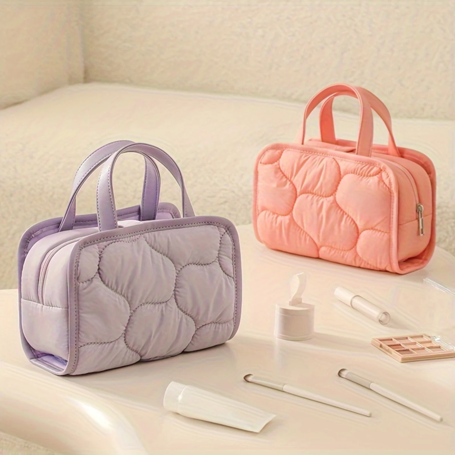 Sweet Style Solid Color Portable Makeup Bag, Cosmetic Organizer, Multi-Functional Carry Case With Handle