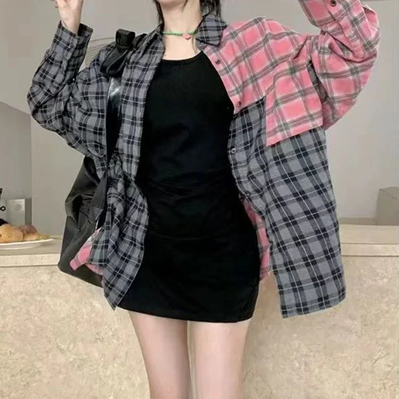 Retro gray powder contrast plaid irregular long-sleeved shirt women's early autumn Korean version of plus size gentle wind top