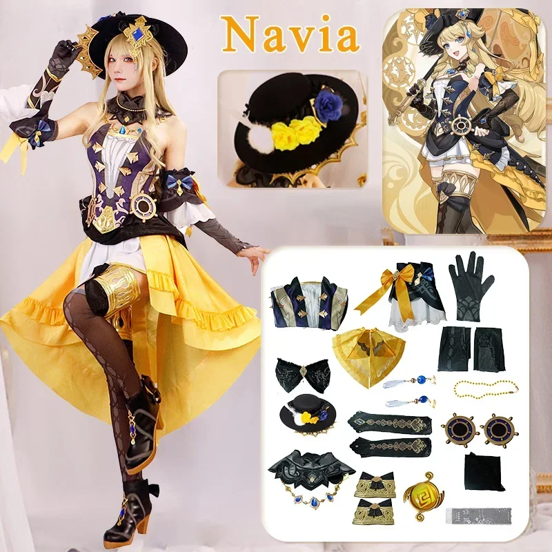 

Navia Cosplay Costume Wig Hat Set Fontaine Court Eldest Daughter Women Dress Uniform Halloween Carnival Party Outfit for Girls