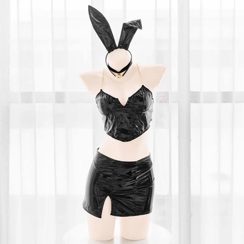 

Anime Patent Leather Cosplay Women Bunny Girl Tight Straps Breast Wrapping Hip Tube Tops Wrap Skirt Underwear Suit Costume