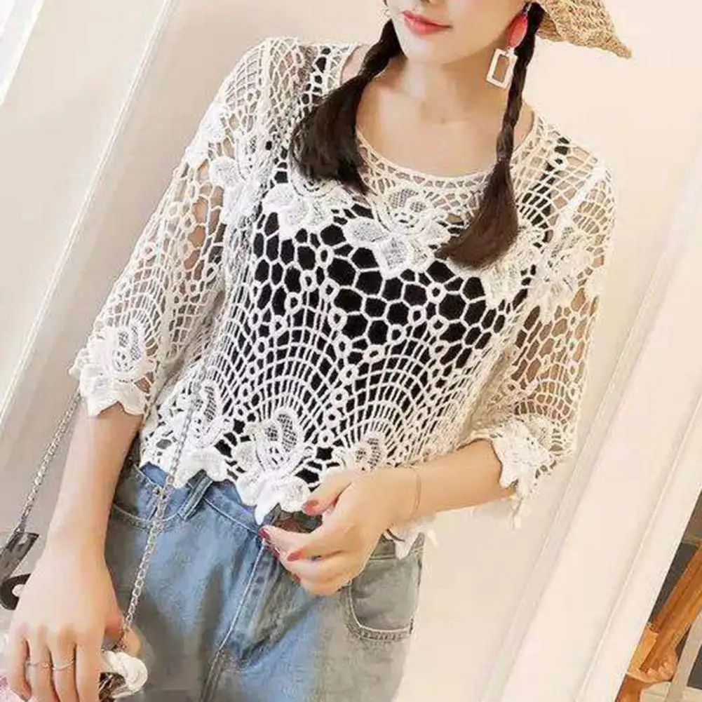 Stylish Women Shirt Half Sleeve Jacquard Cutout Blouse Embroidery Floral Lace Cover Up Short Summer Knitted Hollow Pullover Tops