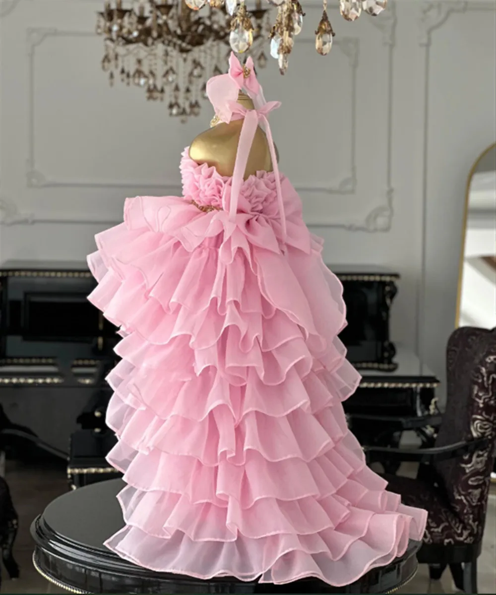 

Elegant Flower Girl Dress For Wedding Sleeveless Beading Ruffles with Bow Princess Birthday Party Kids First Communion Ball Gown