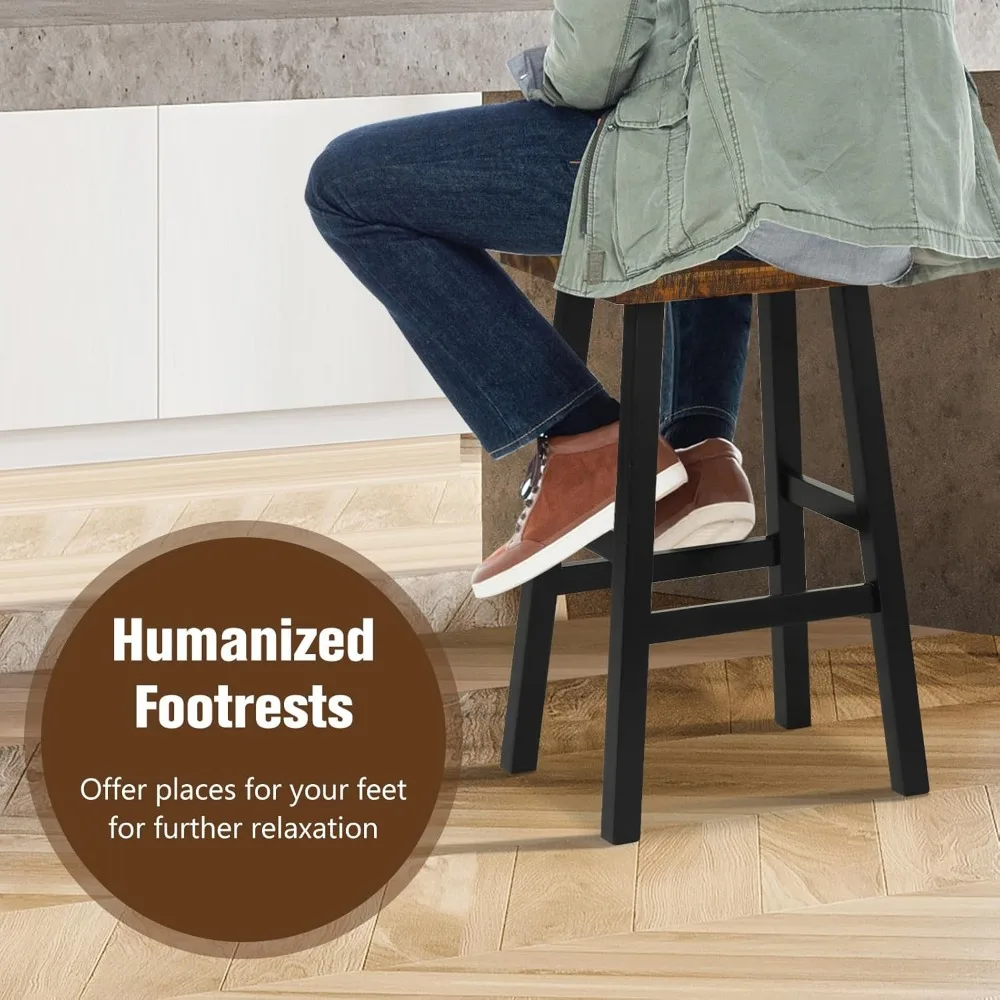 Set of 2, 29 Saddle Bar Stools, Backless Chairs with Rubber Wood Frame & Footrest