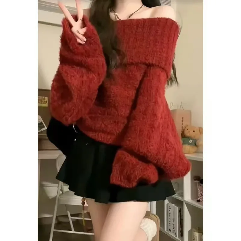 Pullovers Women Sweaters Off Shoulder Full Sleeve Jumpers Y2k Streetwear Elegant Splice Knit Casual Loose Autumn Winter 2025