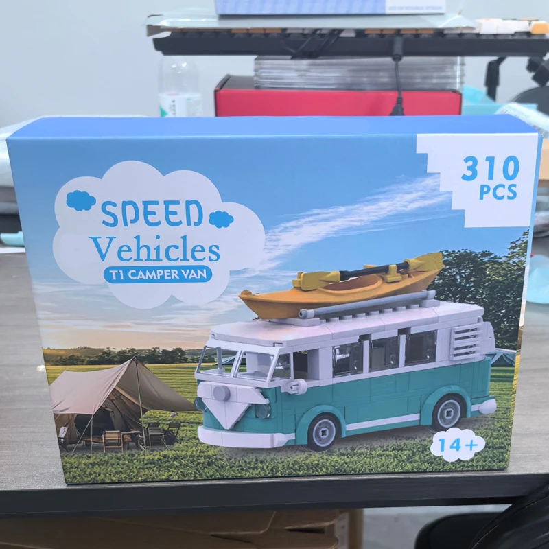 Bricklink MOC voiture technique 10220 VW T1 Turquoise camping-car Van City Camp camion ensembles avec boîte blocs de construction jouets cadeau de noël