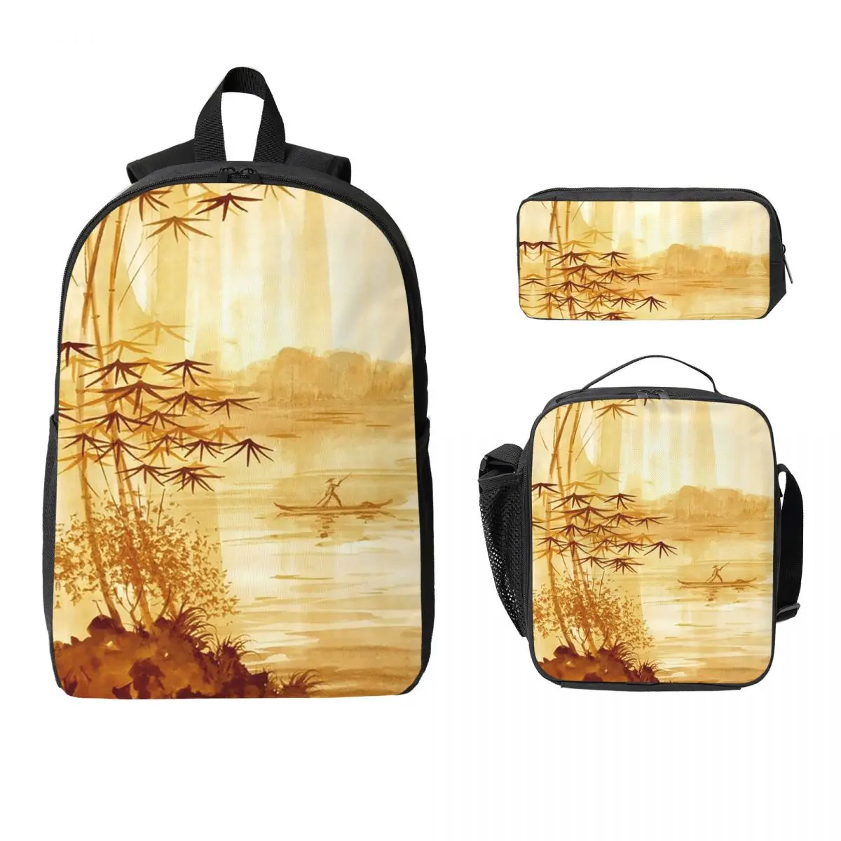 LAKE - Beige Landscape Art Painting Backpack Boys Girls BookBag School Bag Shoulder Bags 3ps Insulated Lunch Bag Pencil Case