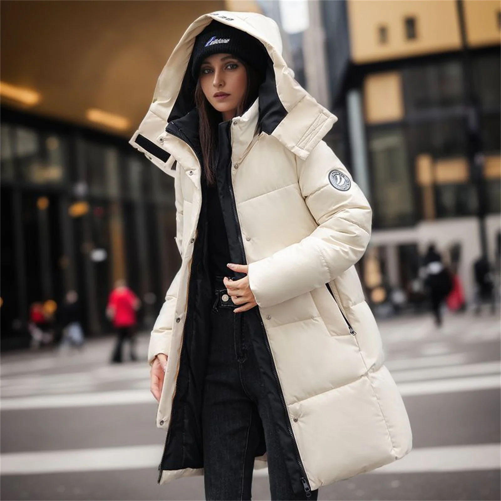 Women\'s Winter Puffer Jacket Stylish And New Thickened Hooded Armband Midi Padded Jacket Solid Color Thermal Coat