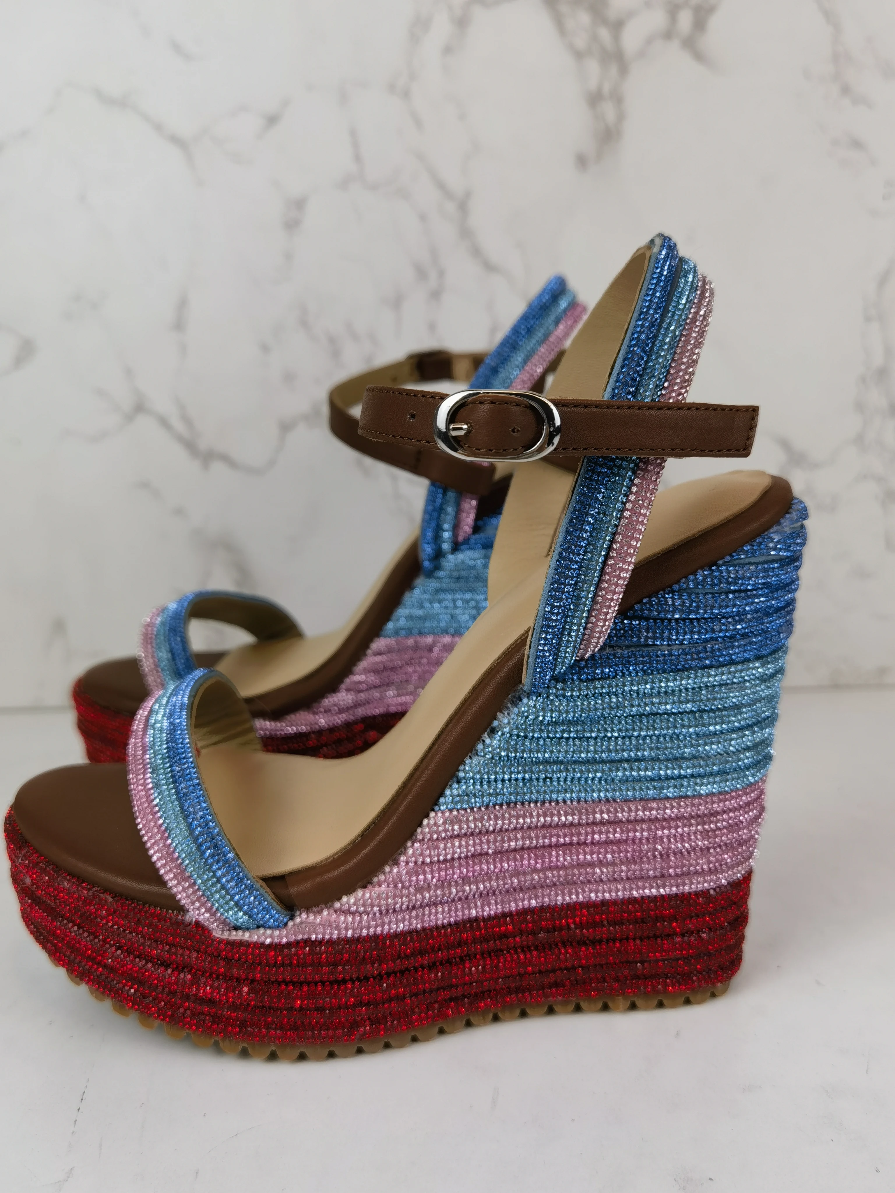 

Women Sugarbaby Crystal Sequin Striped Wedge Sandals Platform 12.5Cm Heels Red Green Buckle Mixed Colors Open Bling Dress Shoes