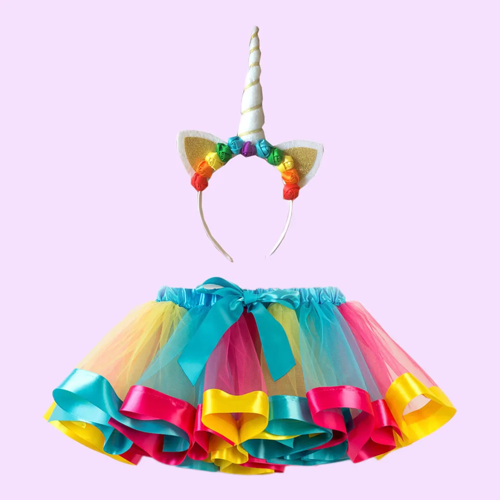 Kinder-Regenbogen-Einhorn-Tutu-Rock-Set, himmelblau, gestufte Rüschen, elastische Taille, Schleife, Band, perfekt für Karneval, Ballett, Party, Tanz