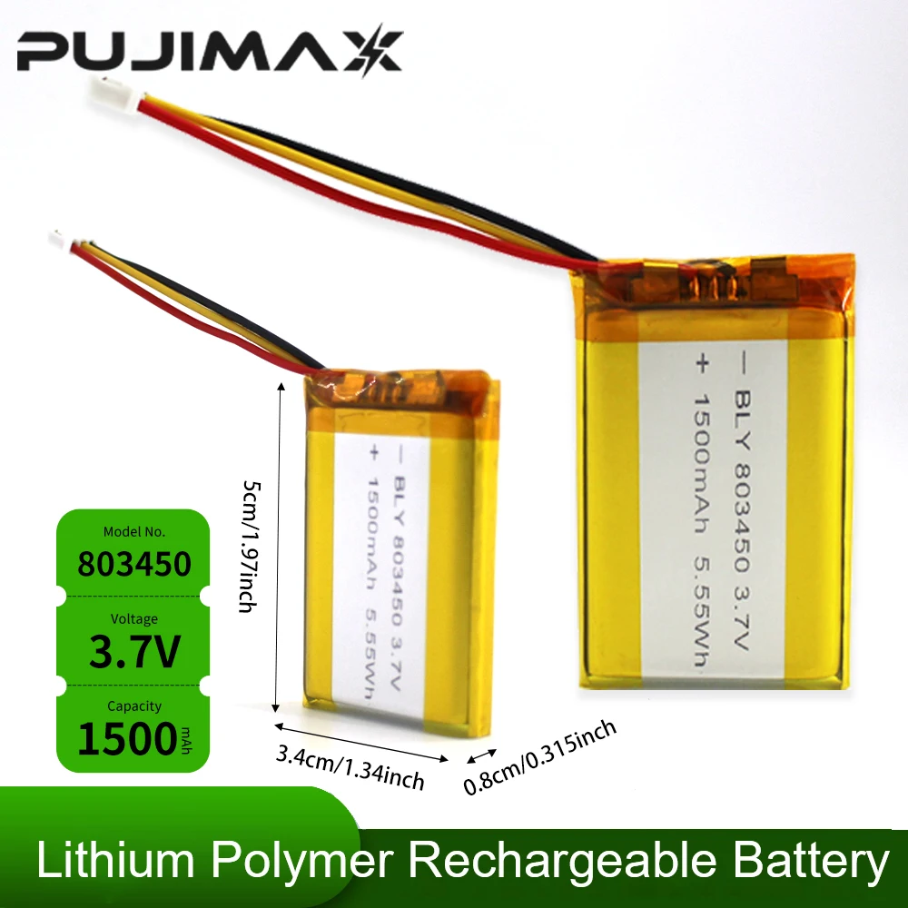 PUJIMAX 3.7V 1500mAh 803450 Li-Polymer LiPo Rechargeable Battery With PH 1.25mm 3pin Connector For MP3 DVD PAD Camera GPS Laptop