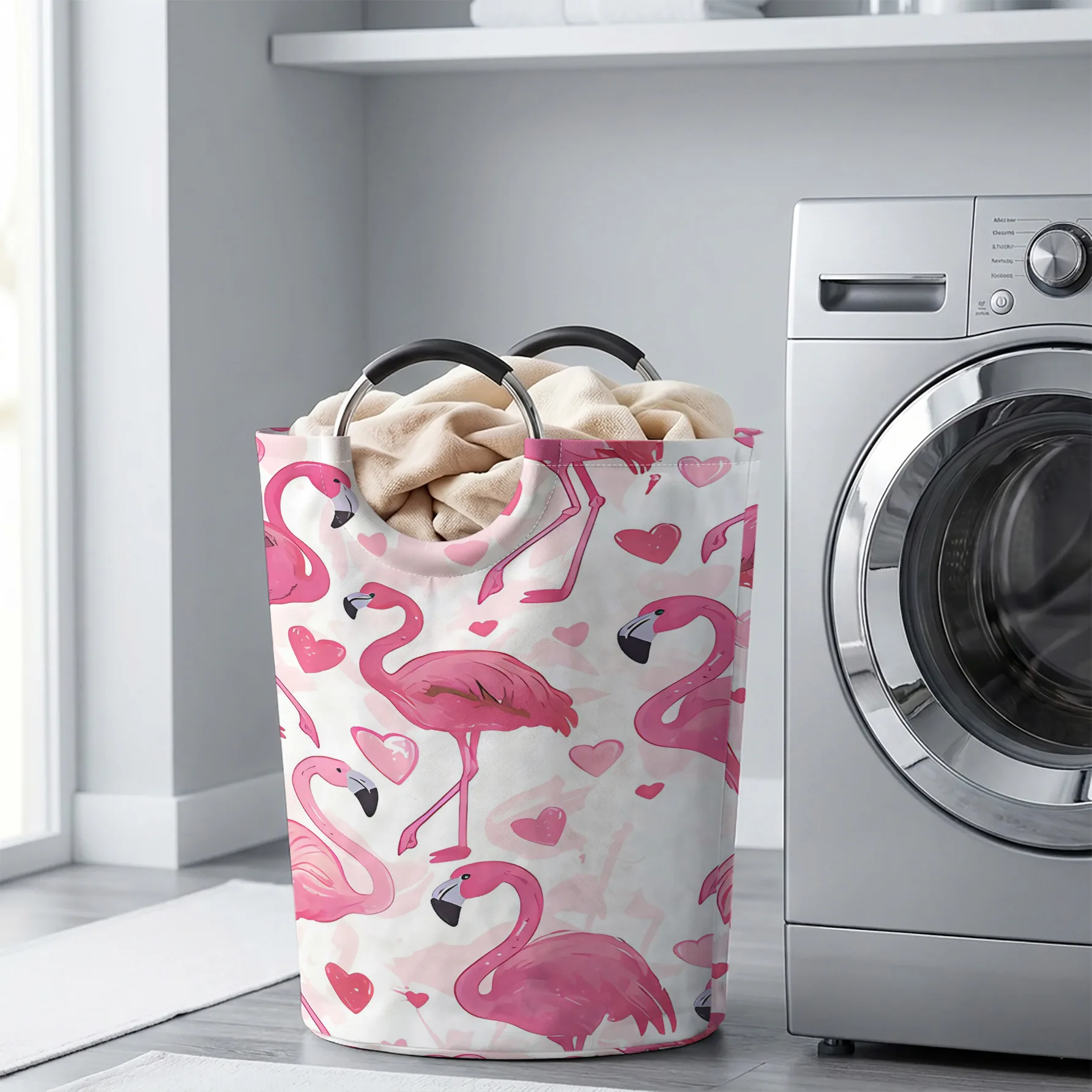 Flamingo And Heart All‑Over Print Handheld Storage Basket, For Laundry, Bedroom & Home Sundries Storage