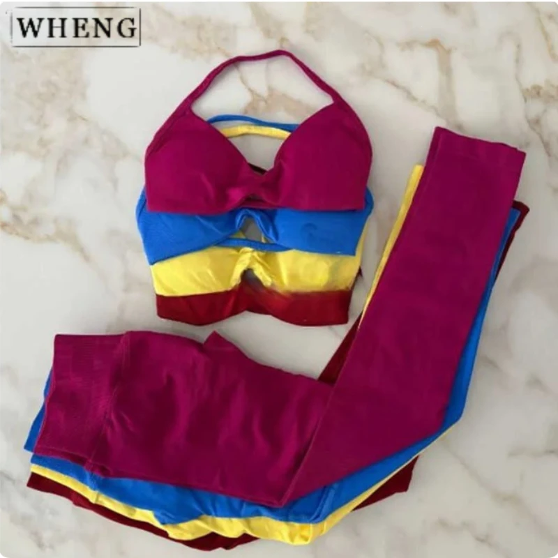 

WHENG Gym Set Women Two Piece Strappy Yoga Bra Top Workout Scrunch Leggings Suit Fitness Clothes Seamless Sportswear Set 2Pcs