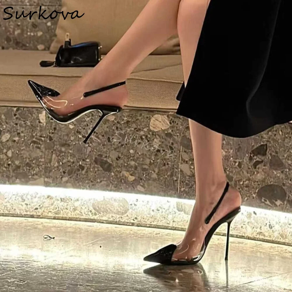 New Summer Transparent Sandals Women Pointed Toe Patent Leather Hotties Black Sexy 9cm Stiletto Sandals 2025 Fashion Sandals