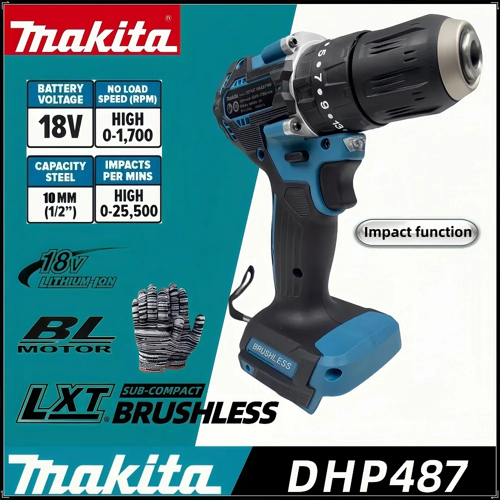 Makita DHP487 10MM Cordless Hammer Driver Drill 18V LXT Brushless Motor Impact Electric Screwdriver Variable Speed Power Tool