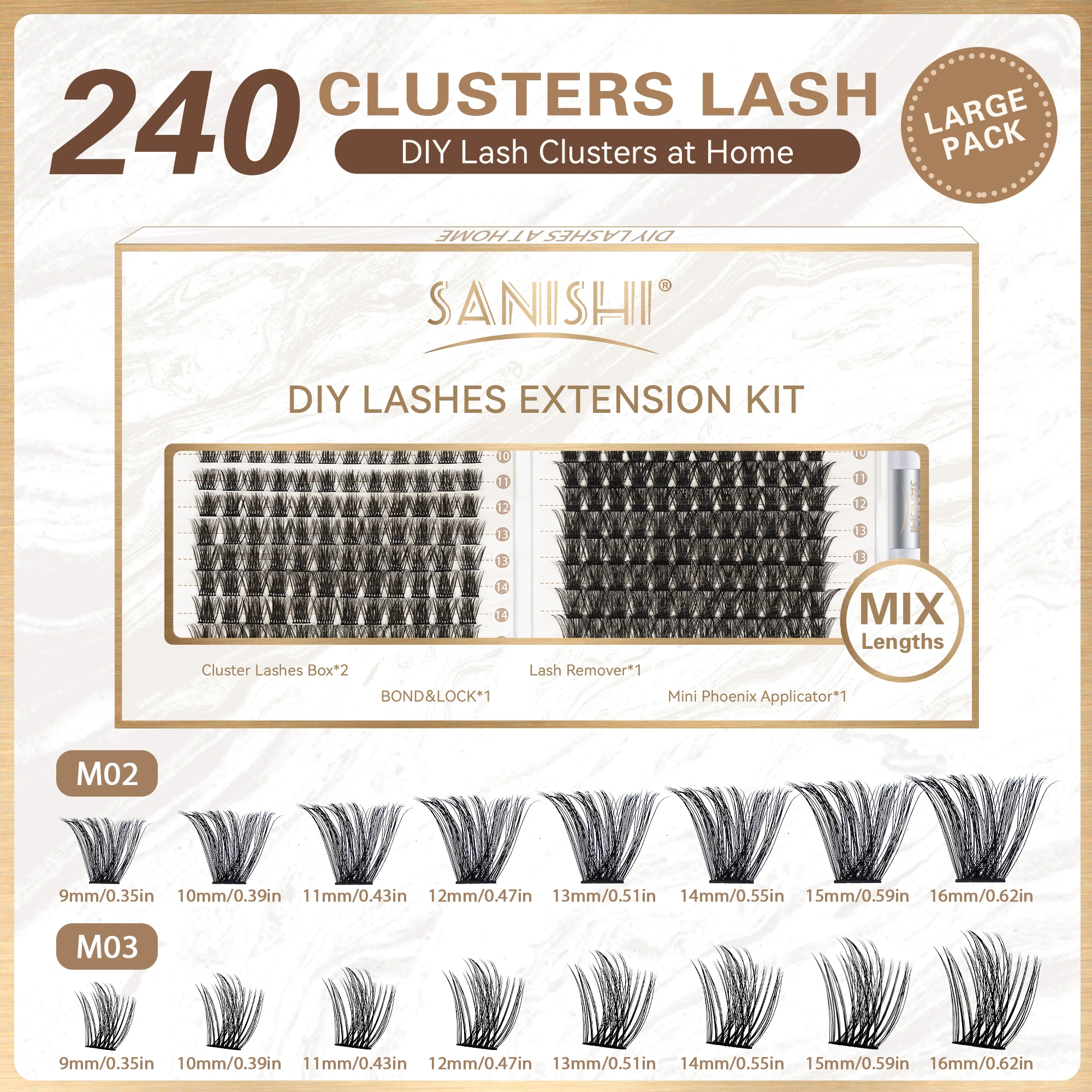 Sanishi DIY Wimpern verlängerung sset-240 natürliche Wimpern zange, 9-16mm gemischte Länge individuelles Wimpern set, DIY Wimpern verlängerung