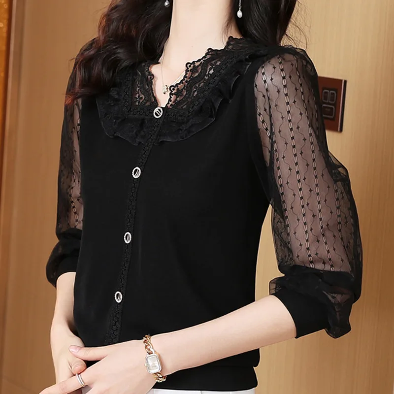 #2546 Black Office Blouse Women Sexy Office Vintage Tops And Blouses Long Sleeve Buttons Ruffles V-neck Short Blouse Slim Spring